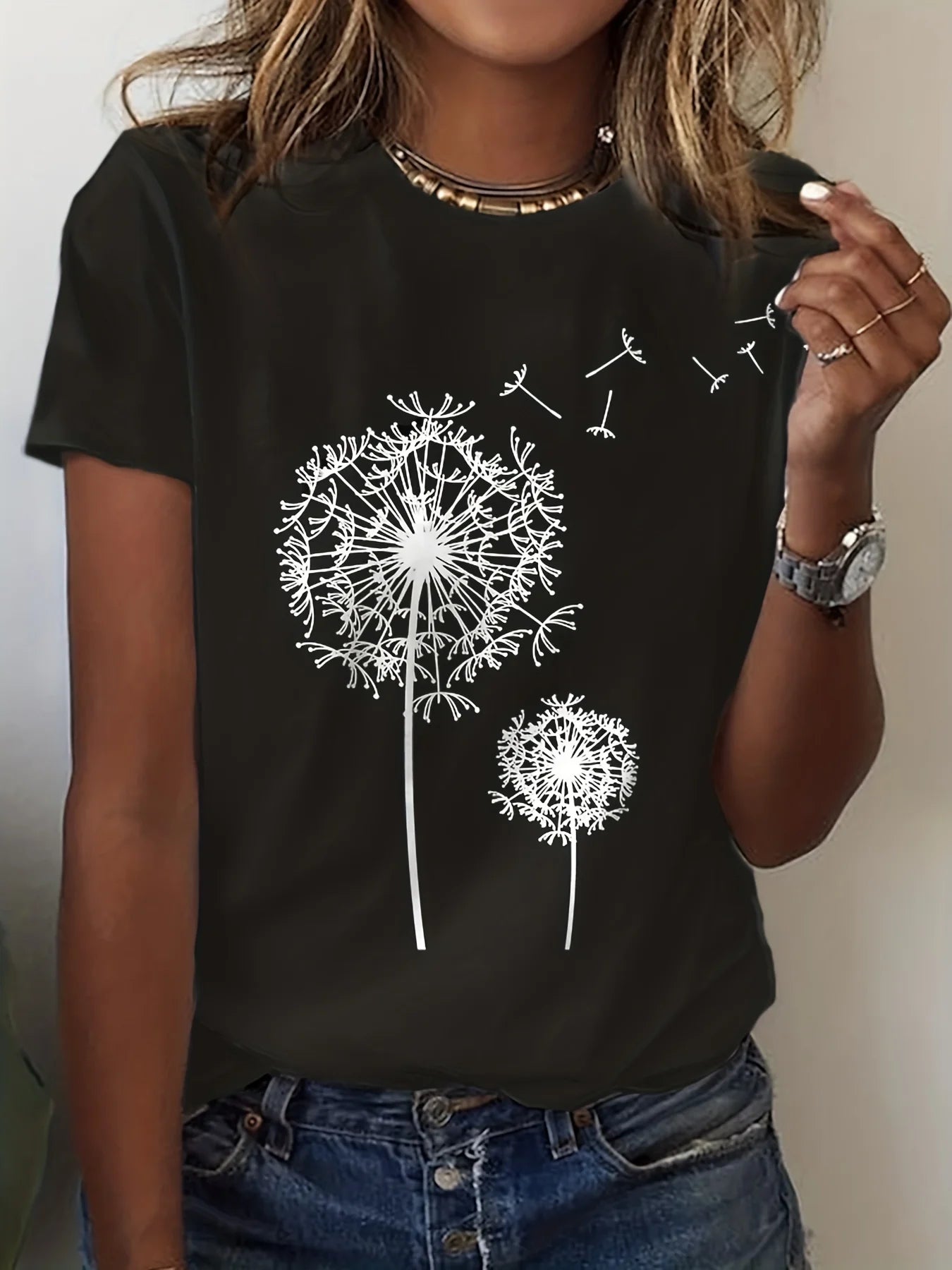 "Introducing our Dandelion Print Crew Neck T-Shirt for Women"