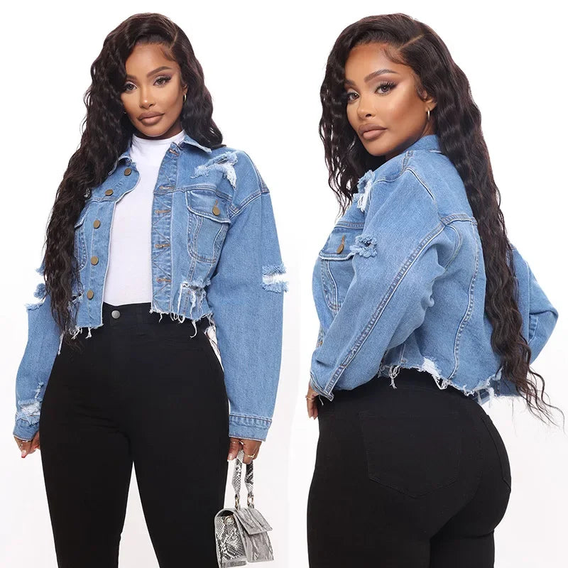 Fashion Ripped Denim Jacket: Women's New Torn Hole Solid Color Coat