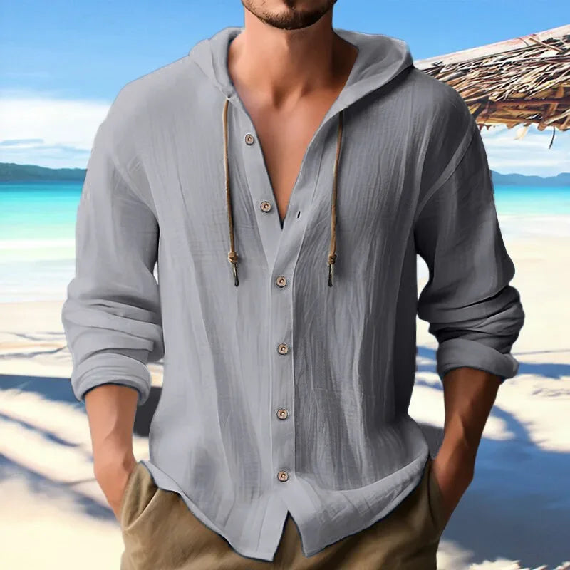 "Stay cool and stylish with our Men's Summer Cotton Linen Hooded Shirt"