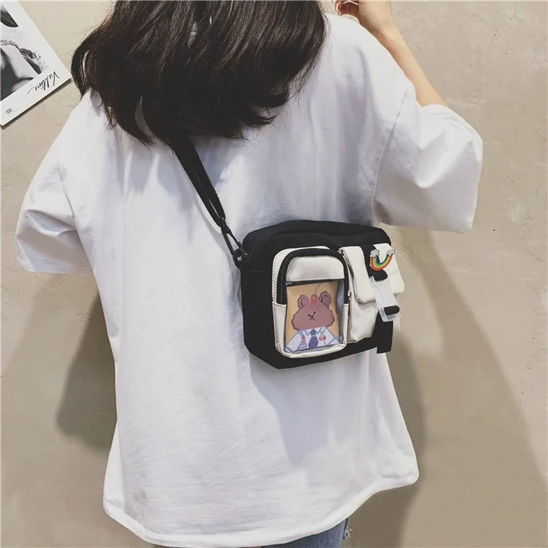 Kawaii Japanese Style Small Nylon Crossbody Bag - Multipocket & Transparent Design for Women