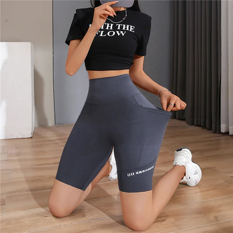 "Women's High Waist Gym Short Leggings - Hip Lift Yoga Shorts with Pockets"