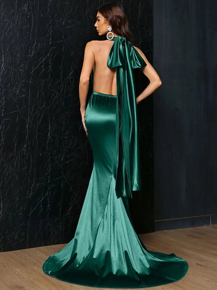 "Make a stunning entrance with the Missord Green Satin Long Party Dress"