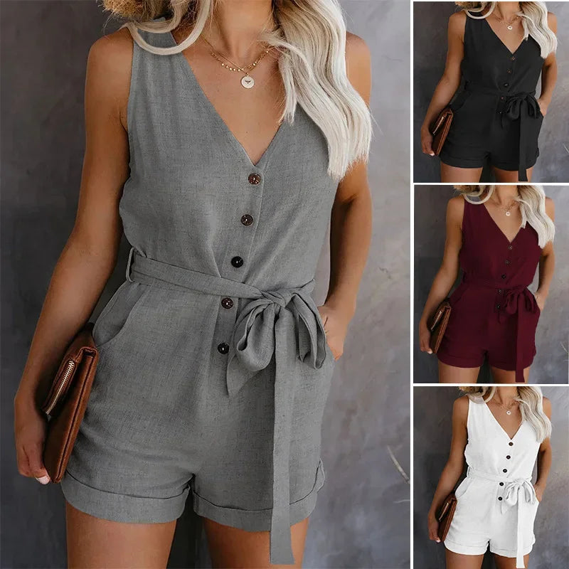 "Women's Casual V-neck Monochromatic Jumpsuit"