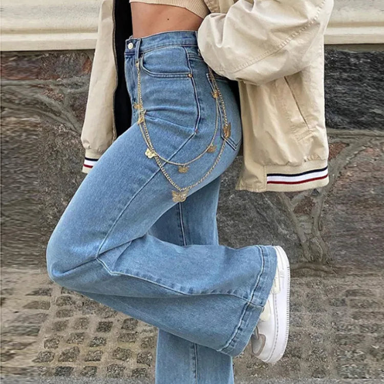 "Introducing our Women’s Denim Flared Pants, a stylish nod to Y2K fashion"