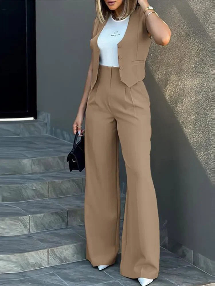 "Introducing our Stylish Women's Commuting Vest and High Waist Wide Leg Pants Set for 2024"