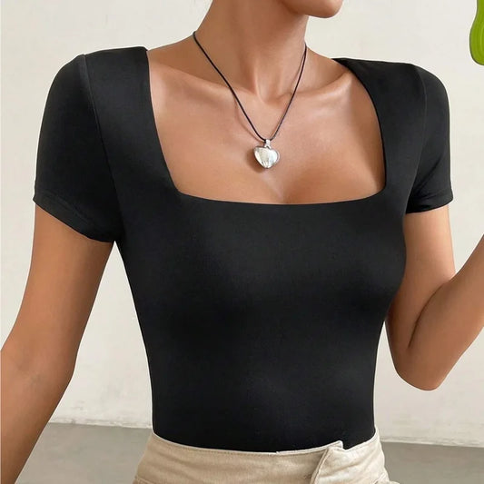 "Elevate your summer wardrobe with our Women's Versatile Slim Square Neck Short Sleeve T-Shirt"