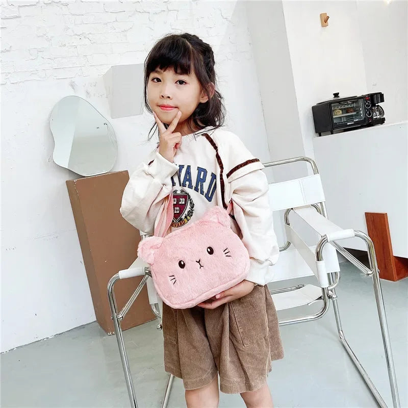 "Cartoon Cat Baby Girls Crossbody Bags: Cute Soft Plush Children's Shoulder Bag"