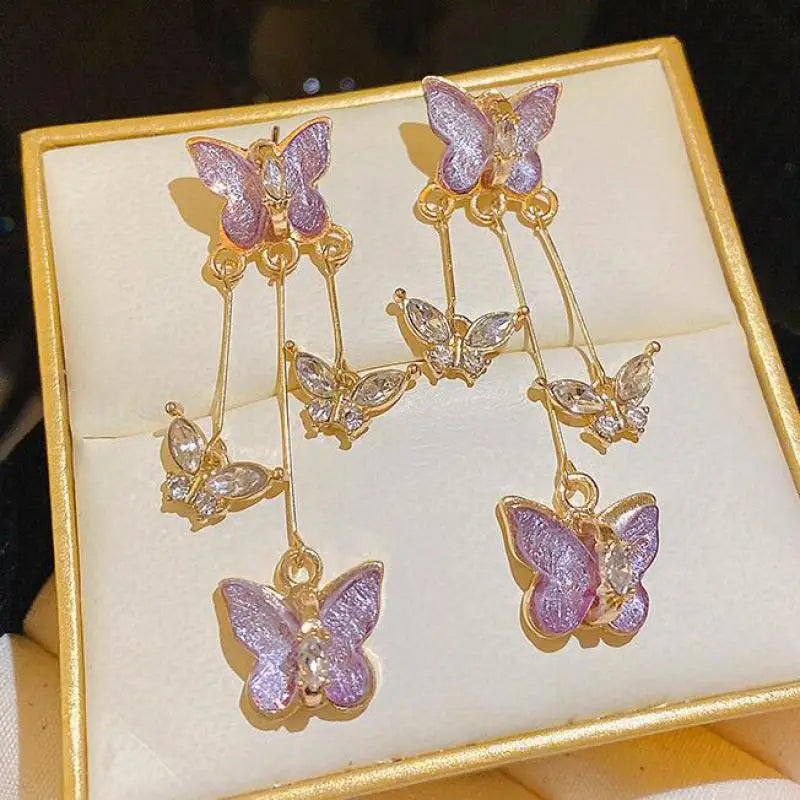 "925 Silver Needle Purple Butterfly Long Tassel Earrings: Trending Korean Fashion Jewelry 2024"