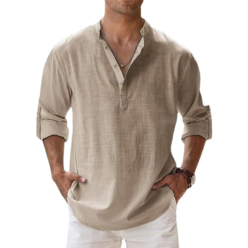 Men's Cotton Linen Henley Shirts - Lightweight & Breathable for Beach and Casual Wear