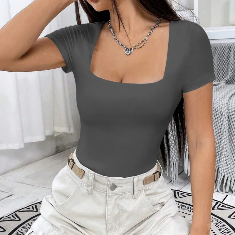 "Elevate your summer wardrobe with our Women's Versatile Slim Square Neck Short Sleeve T-Shirt"