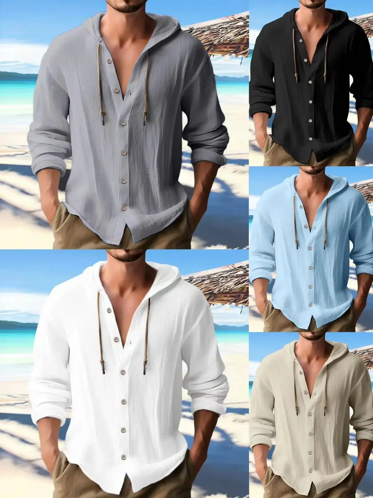 "Stay cool and stylish with our Men's Summer Cotton Linen Hooded Shirt"