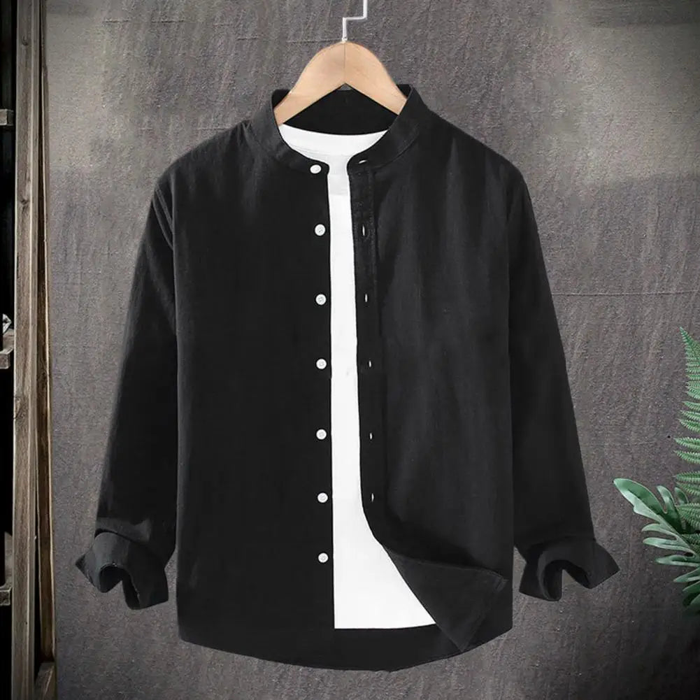 "Upgrade your fall wardrobe with our Men's Stand Collar Cardigan Shirt"