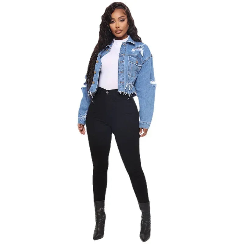 Fashion Ripped Denim Jacket: Women's New Torn Hole Solid Color Coat