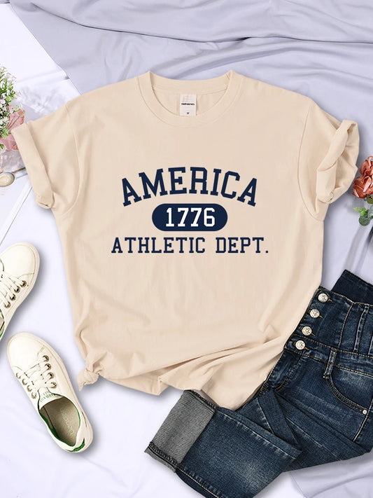 "Introducing our America 1776 Athletic Dept Letter T-Shirt for Women"