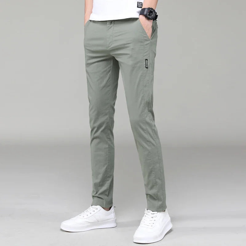 "Summer-ready: Men's Slim Fit Stretch Cotton Joggers in Solid Army Green"