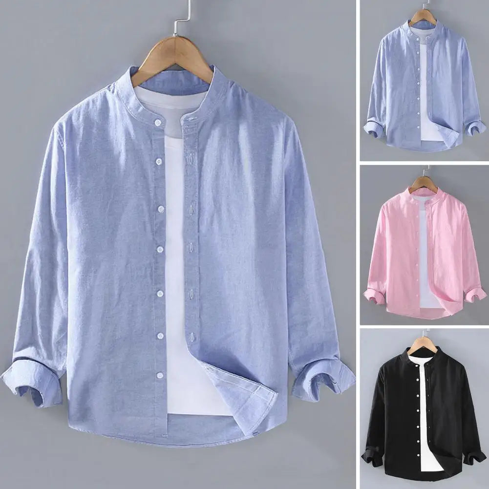 "Upgrade your fall wardrobe with our Men's Stand Collar Cardigan Shirt"