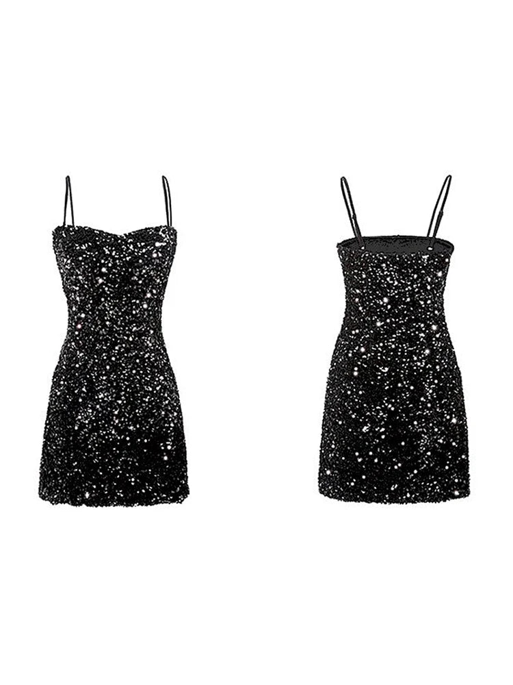 Elegant Halter Sequin Black Dress: Aesthetic Evening Wear for Women.