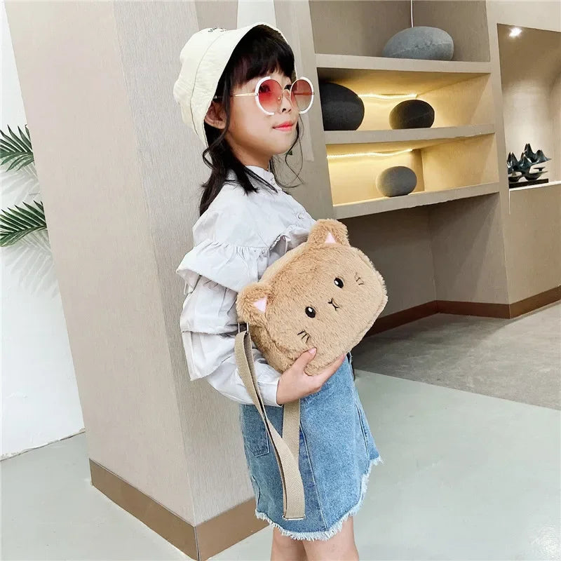 "Cartoon Cat Baby Girls Crossbody Bags: Cute Soft Plush Children's Shoulder Bag"