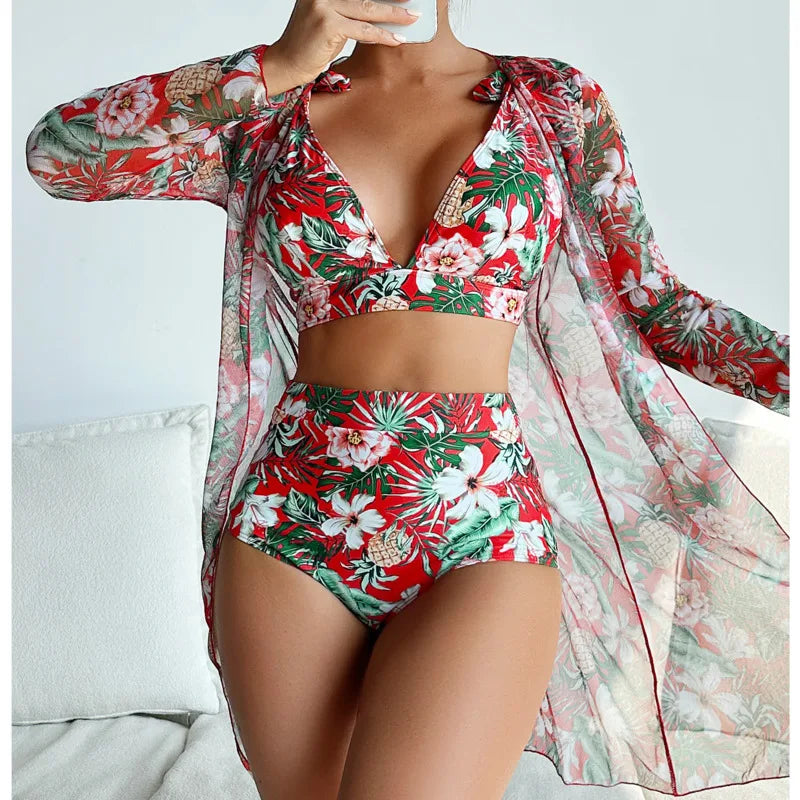 "Make a splash this summer with our Women's Print Push Up Bikini Three-Piece Swimwear Set"