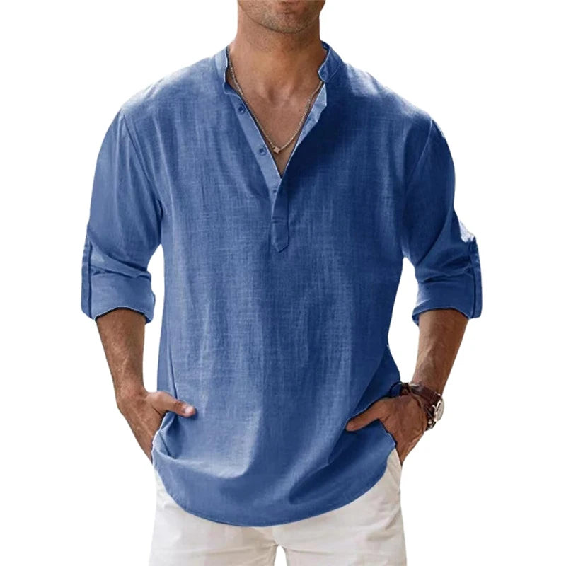 Men's Cotton Linen Henley Shirts - Lightweight & Breathable for Beach and Casual Wear