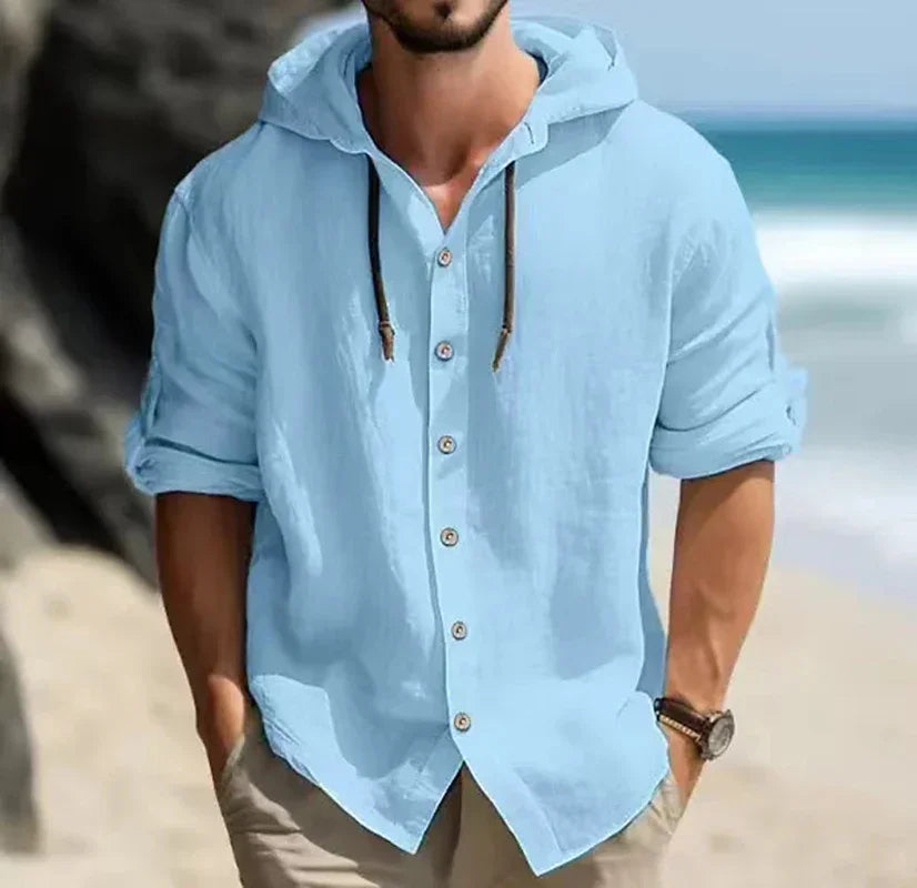 "Stay cool and stylish with our Men's Summer Cotton Linen Hooded Shirt"