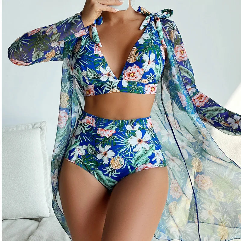 "Make a splash this summer with our Women's Print Push Up Bikini Three-Piece Swimwear Set"