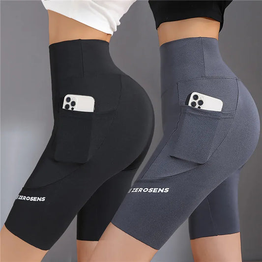 "Women's High Waist Gym Short Leggings - Hip Lift Yoga Shorts with Pockets"